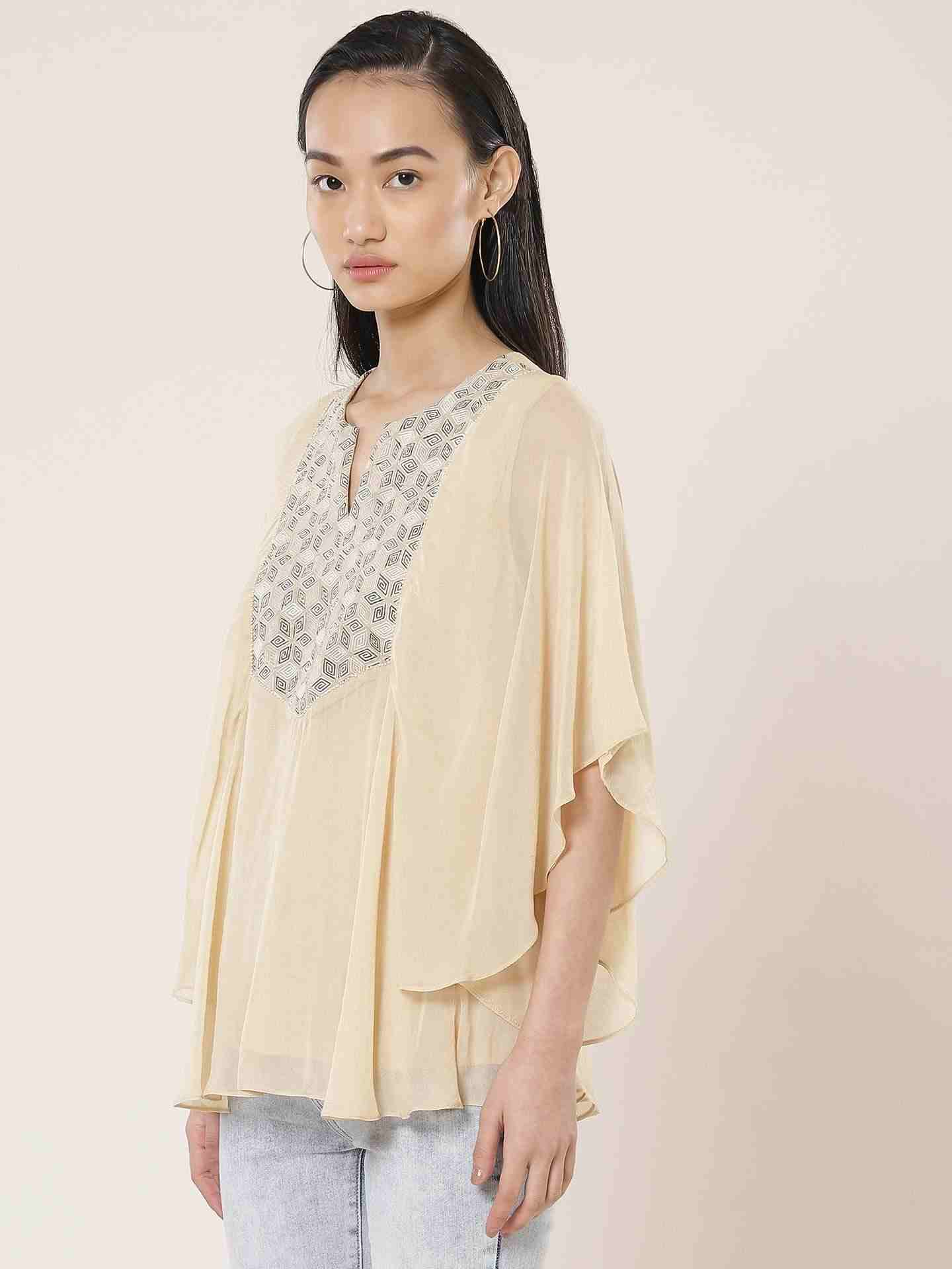 Beige Optical Illusion Kaftan Top