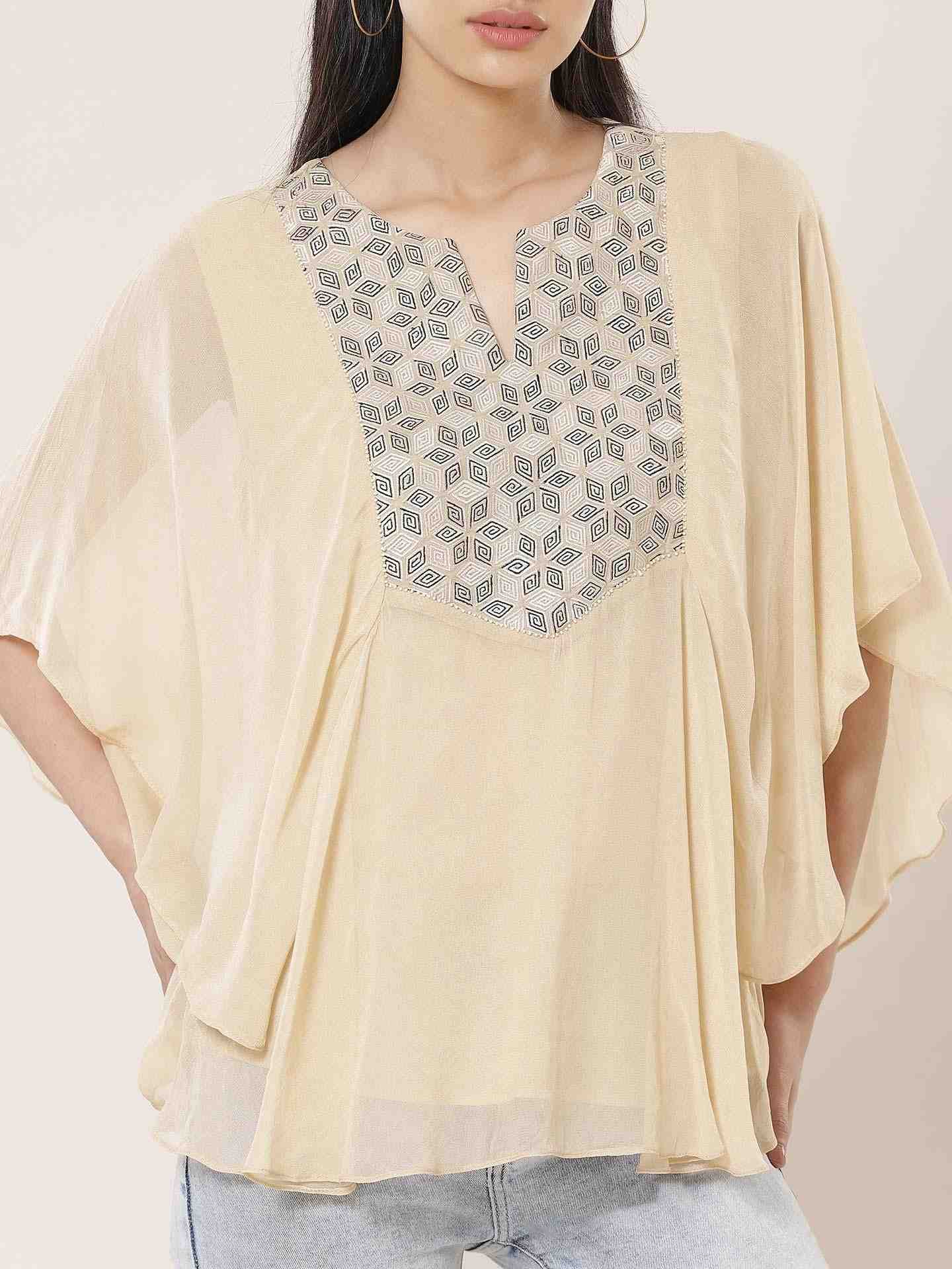 Beige Optical Illusion Kaftan Top