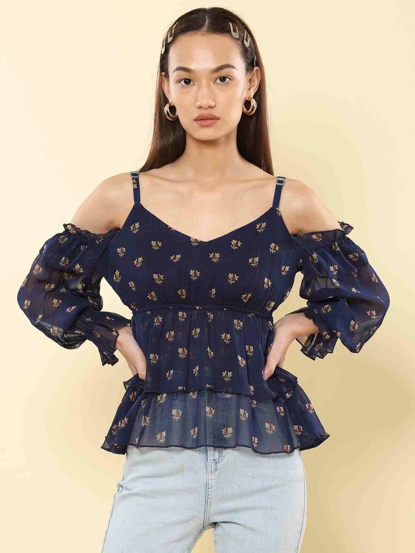 Navy Fashion Flair Cold-Shoulder Top