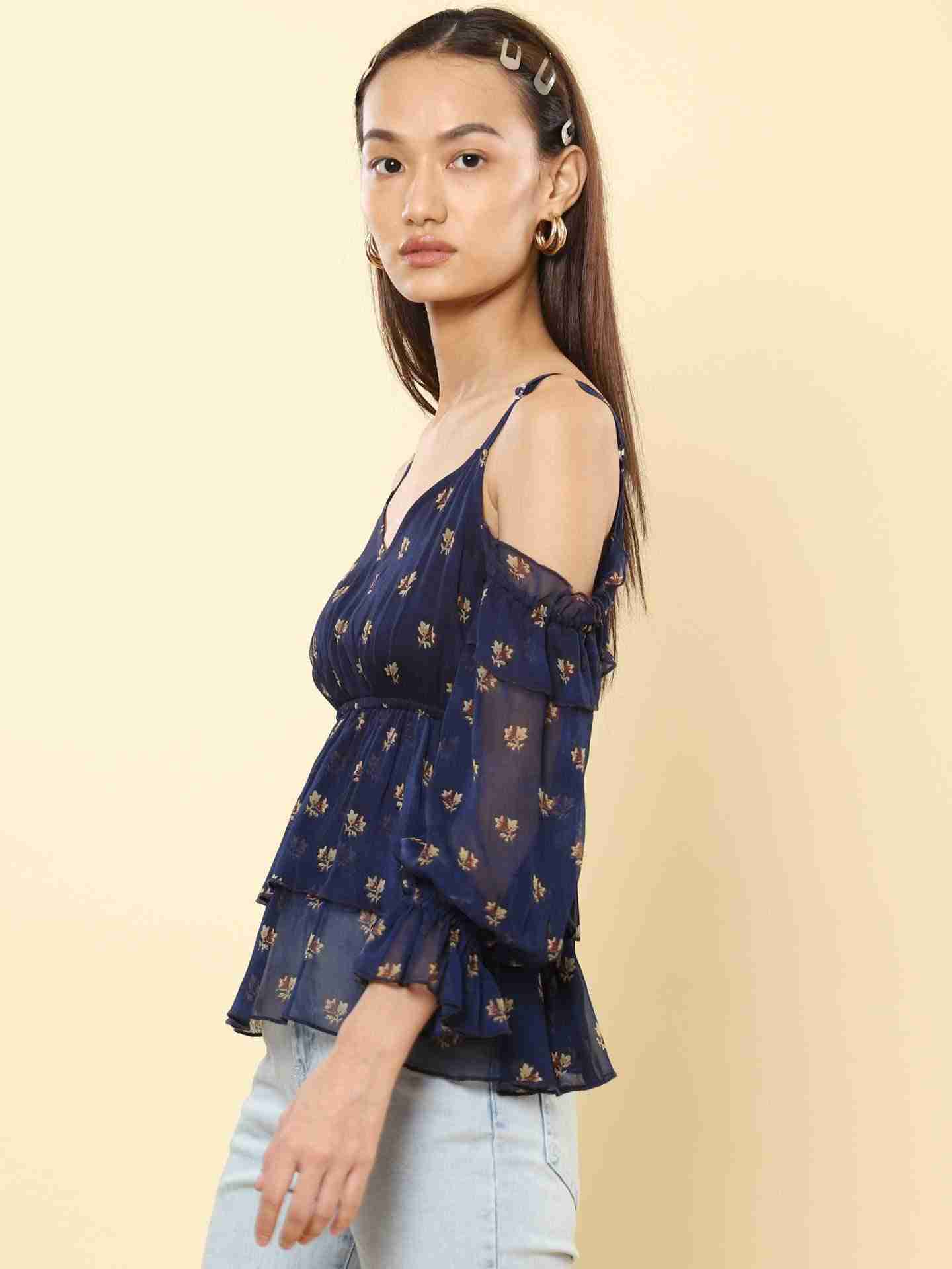 Navy Fashion Flair Cold-Shoulder Top