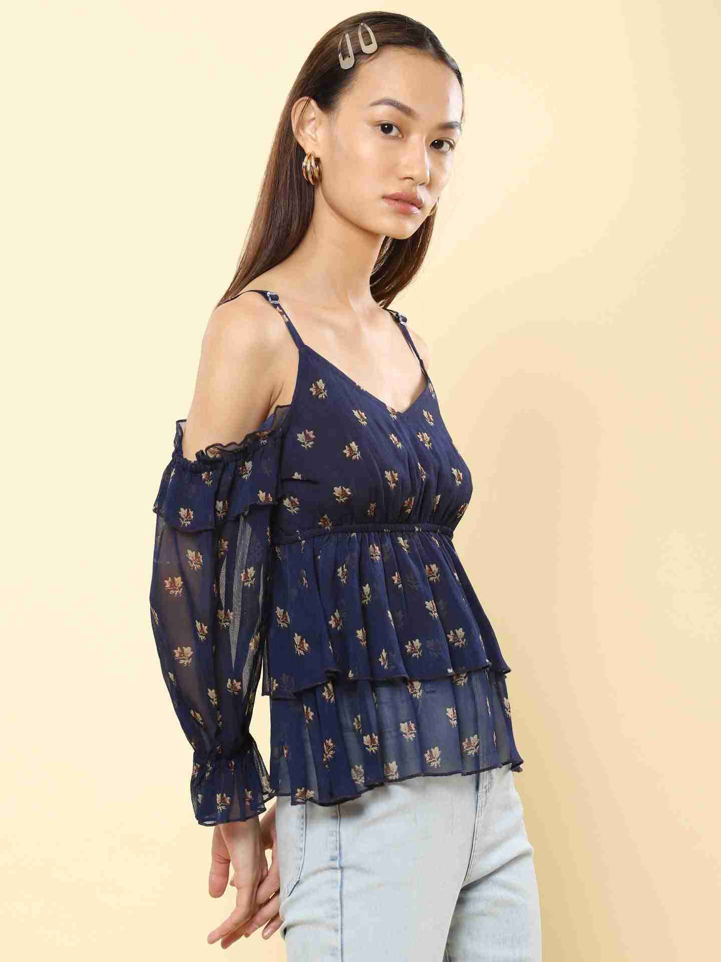 Navy Fashion Flair Cold-Shoulder Top