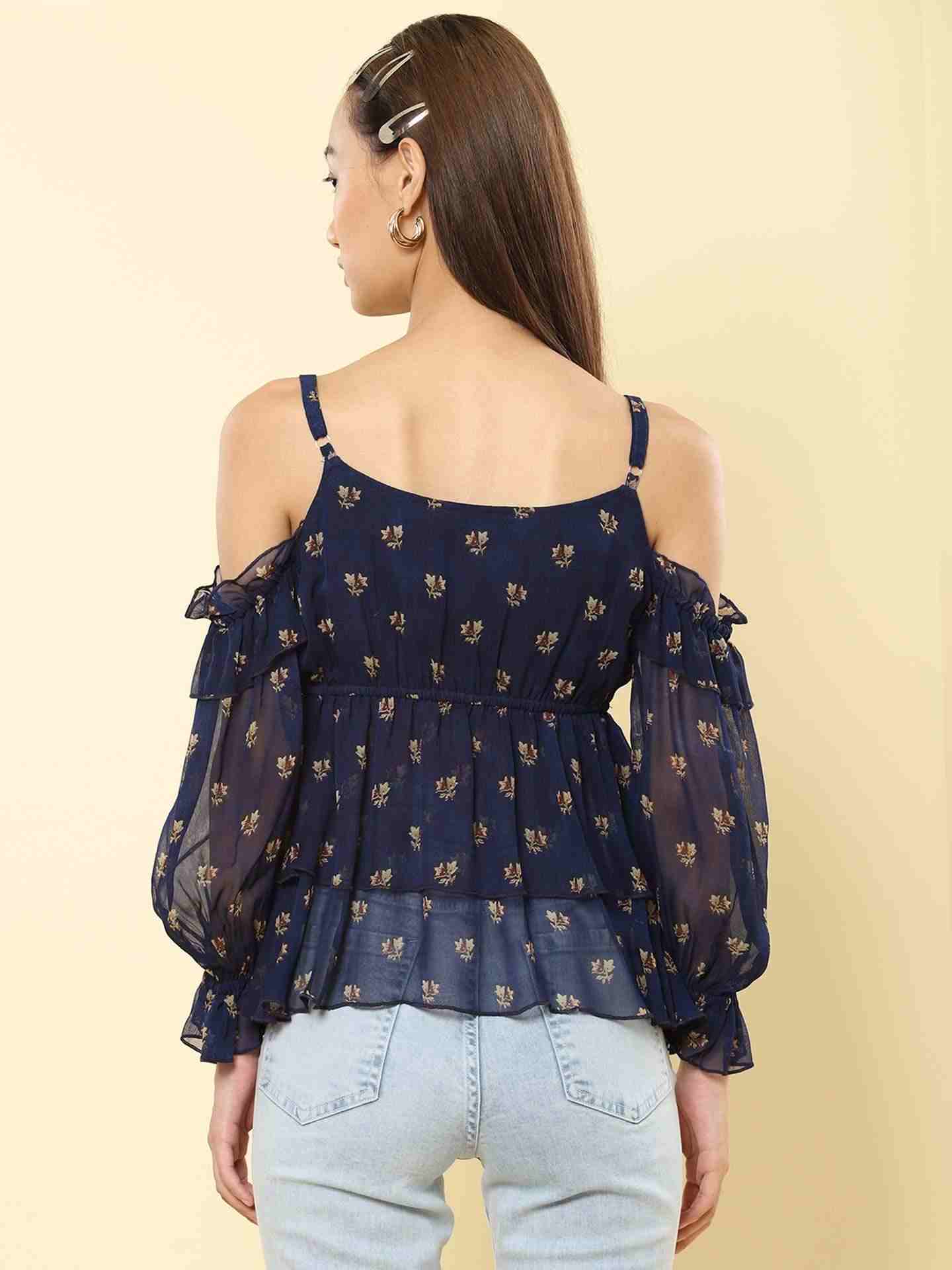 Navy Fashion Flair Cold-Shoulder Top
