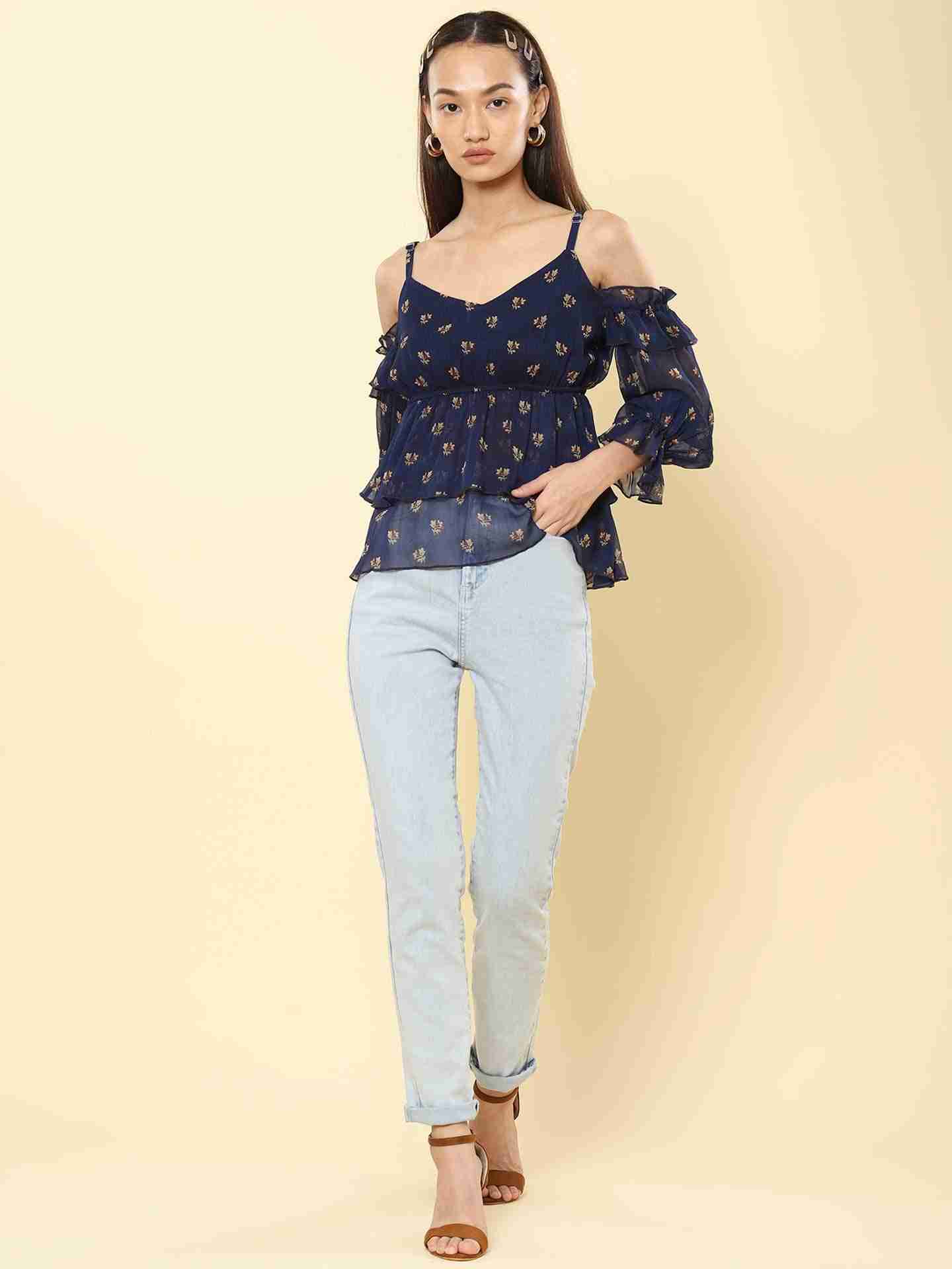 Navy Fashion Flair Cold-Shoulder Top