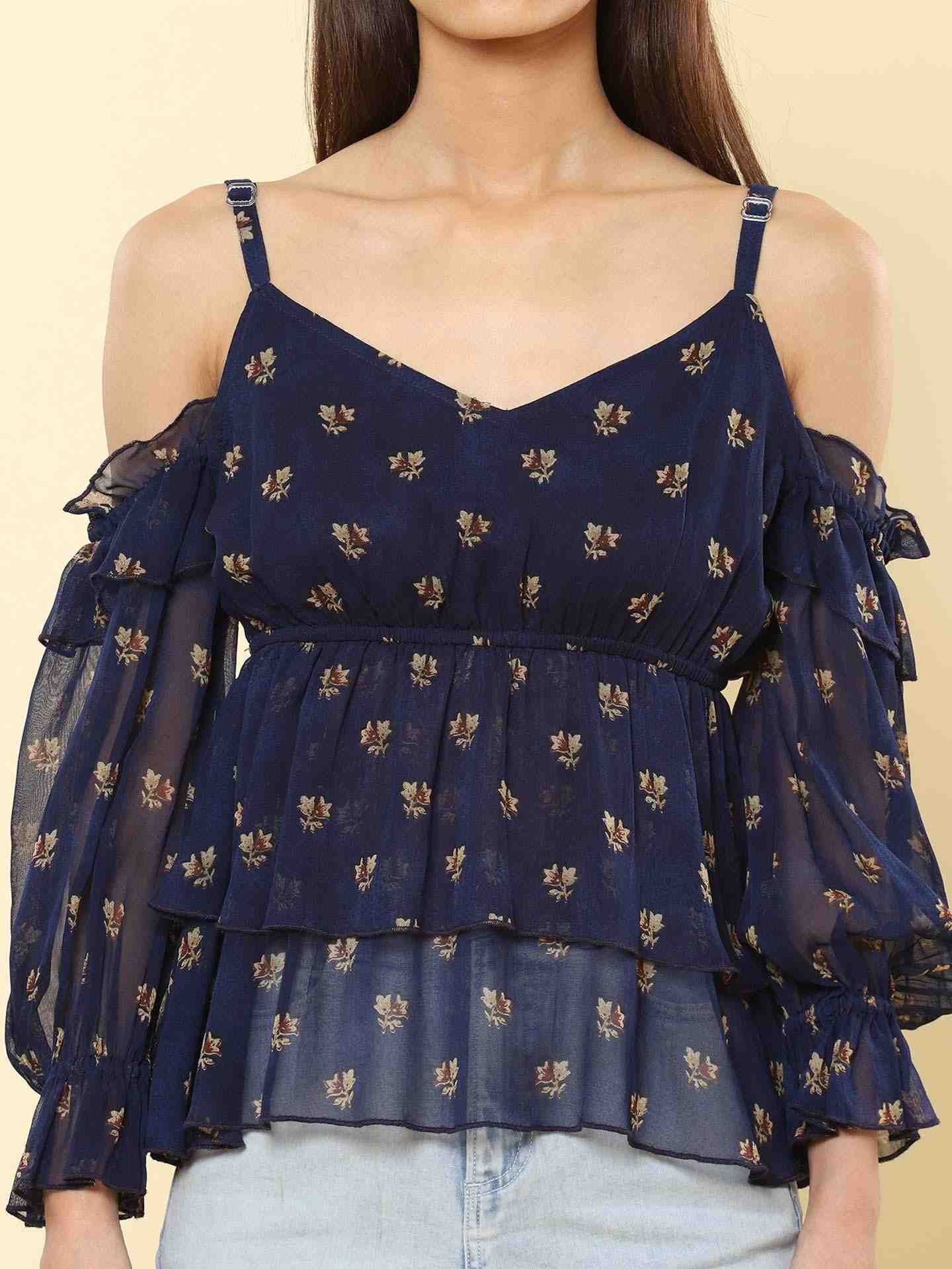 Navy Fashion Flair Cold-Shoulder Top