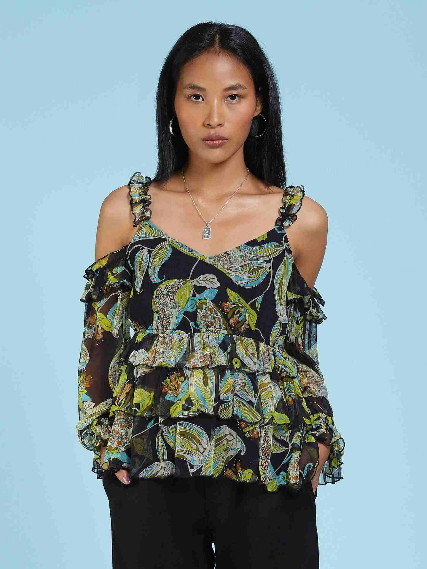 Black Janine Cold-Shoulder Top