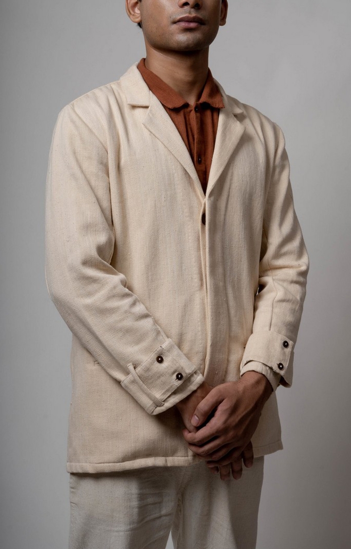 Lafaani | Men's Beige Cotton Solid Front Open Jacket