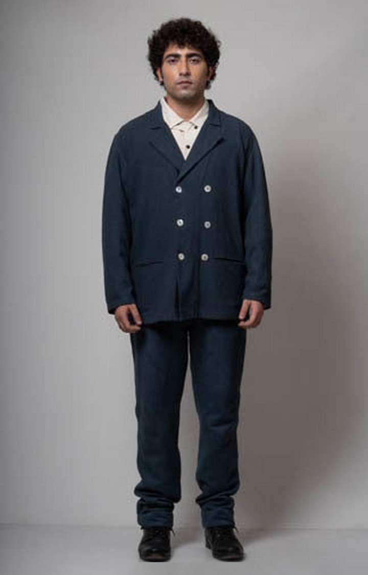 Lafaani | Men's Blue Cotton Solid Front Open Jacket