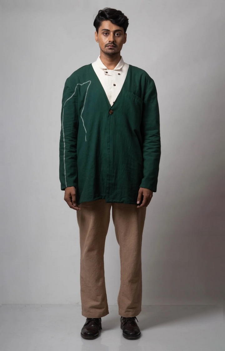 Lafaani | Men's Green Cotton Embroidered Front Open Jacket