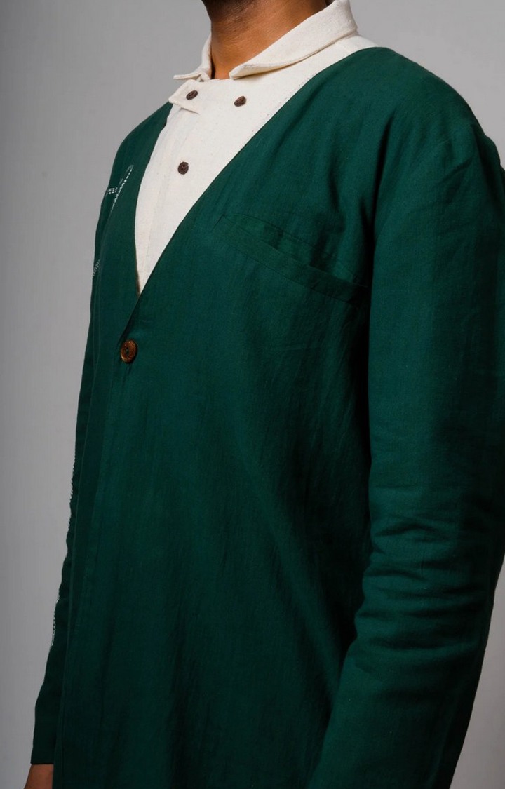 Men's Green Cotton Embroidered Front Open Jacket