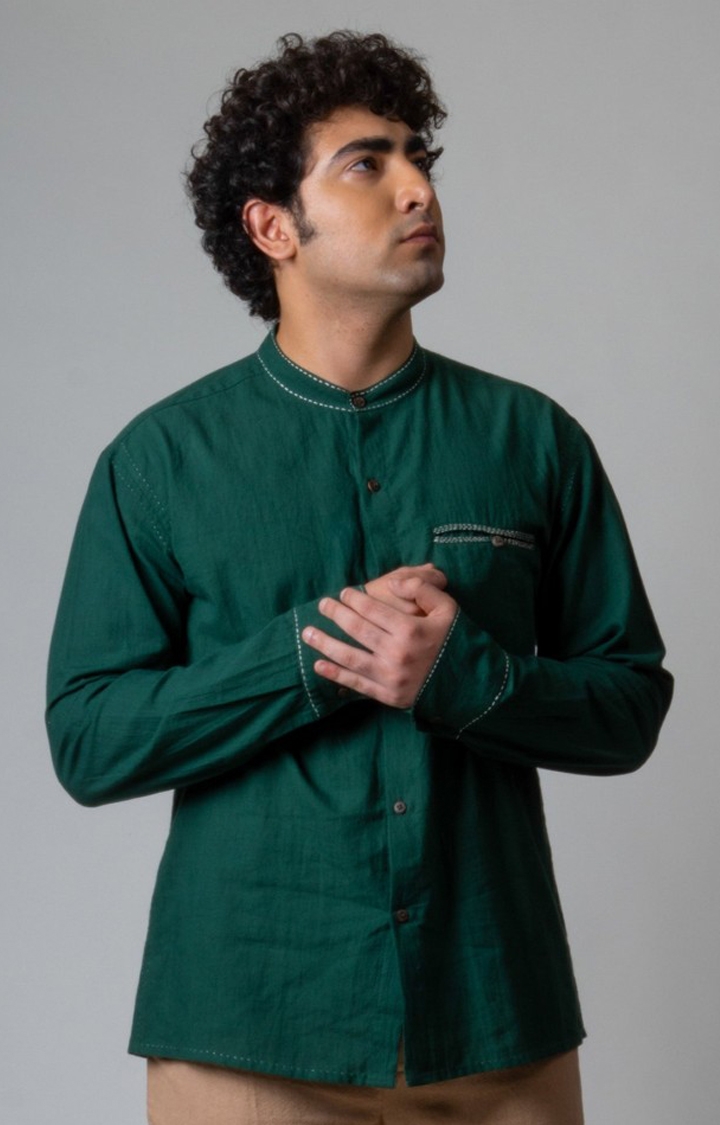 Lafaani | Men's Green Cotton Embroidered Casual Shirt