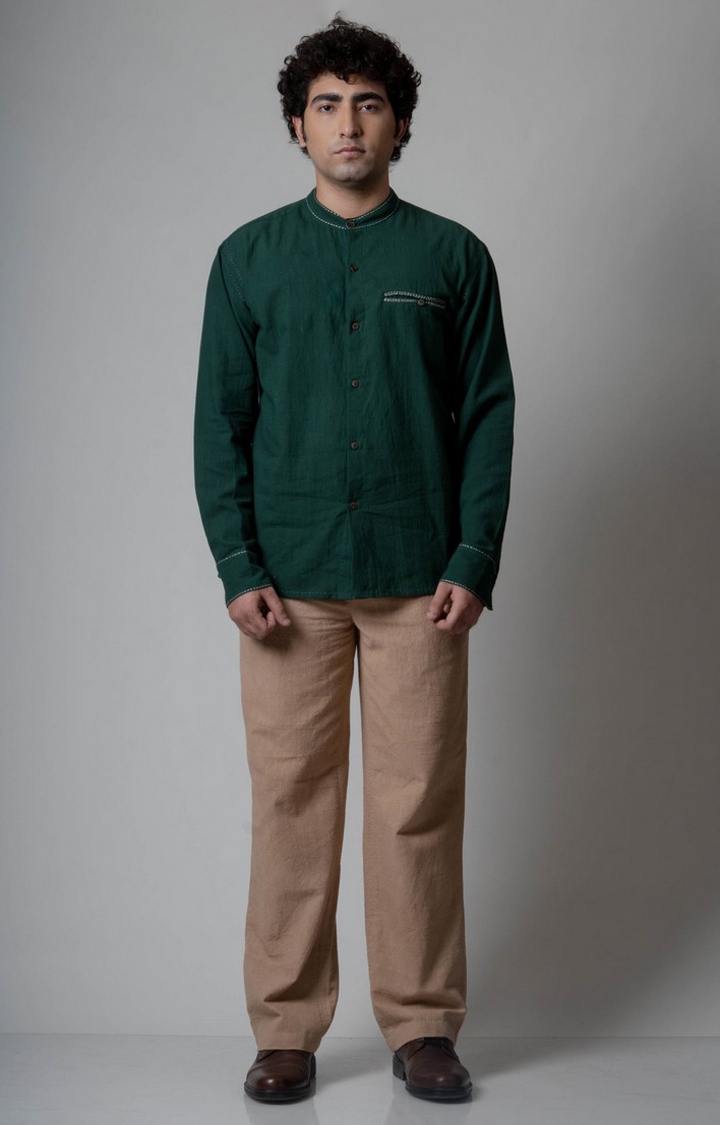 Men's Green Cotton Embroidered Casual Shirt