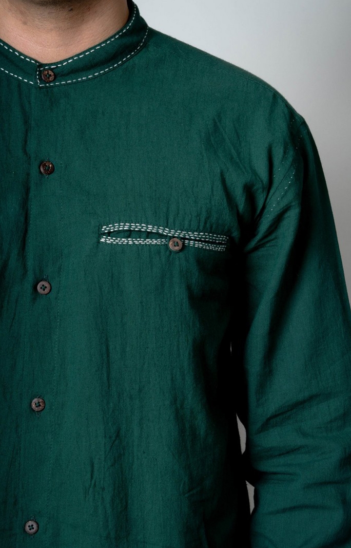 Men's Green Cotton Embroidered Casual Shirt