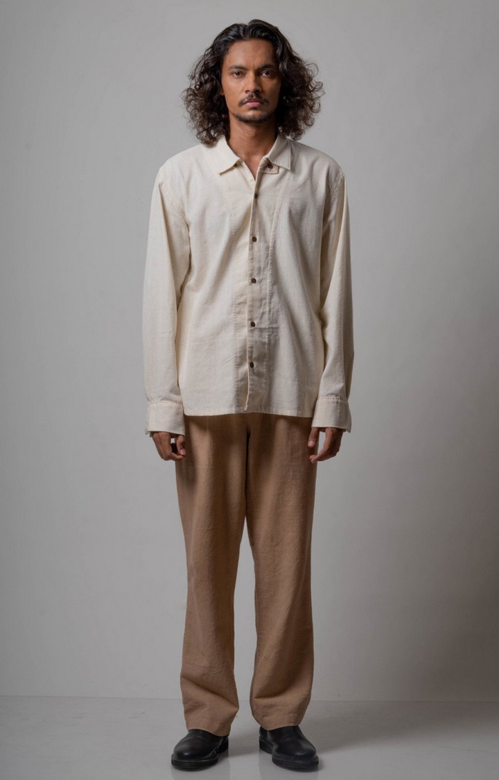 Lafaani | Men's Beige Cotton Solid Casual Shirt