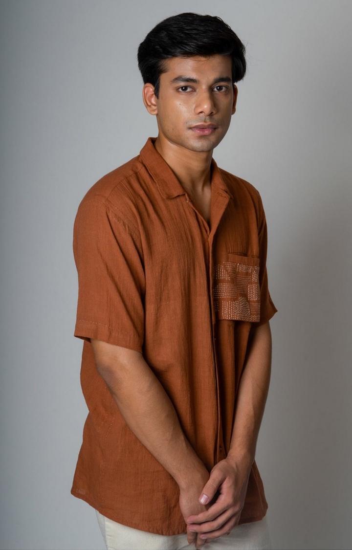 Lafaani | Men's Brown Cotton Embroidered Casual Shirt