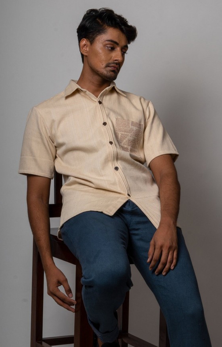 Lafaani | Men's Beige Cotton Embroidered Casual Shirt