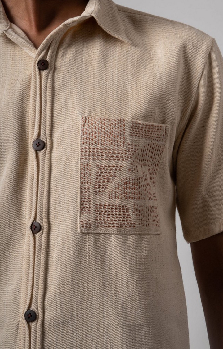 Men's Beige Cotton Embroidered Casual Shirt
