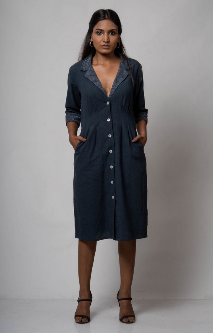 Lafaani | Women's Blue Cotton Solid Shirt Dress 0