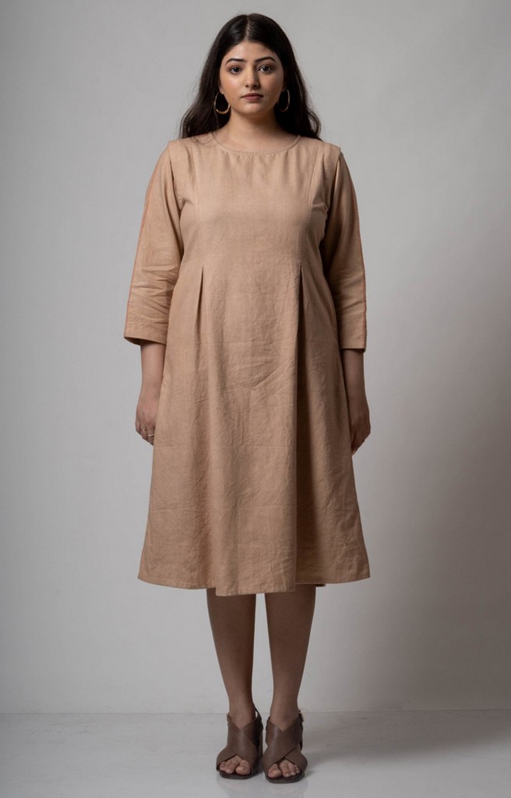 Women's Beige Cotton Solid Sheath Dress