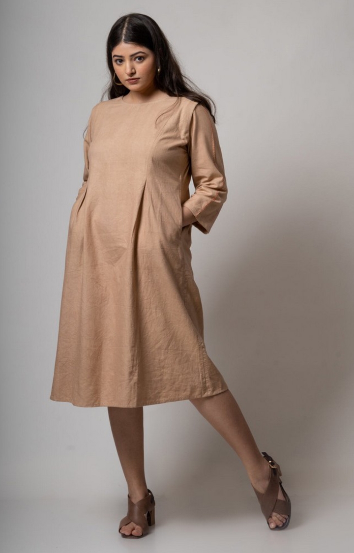 Lafaani | Women's Beige Cotton Solid Sheath Dress 1