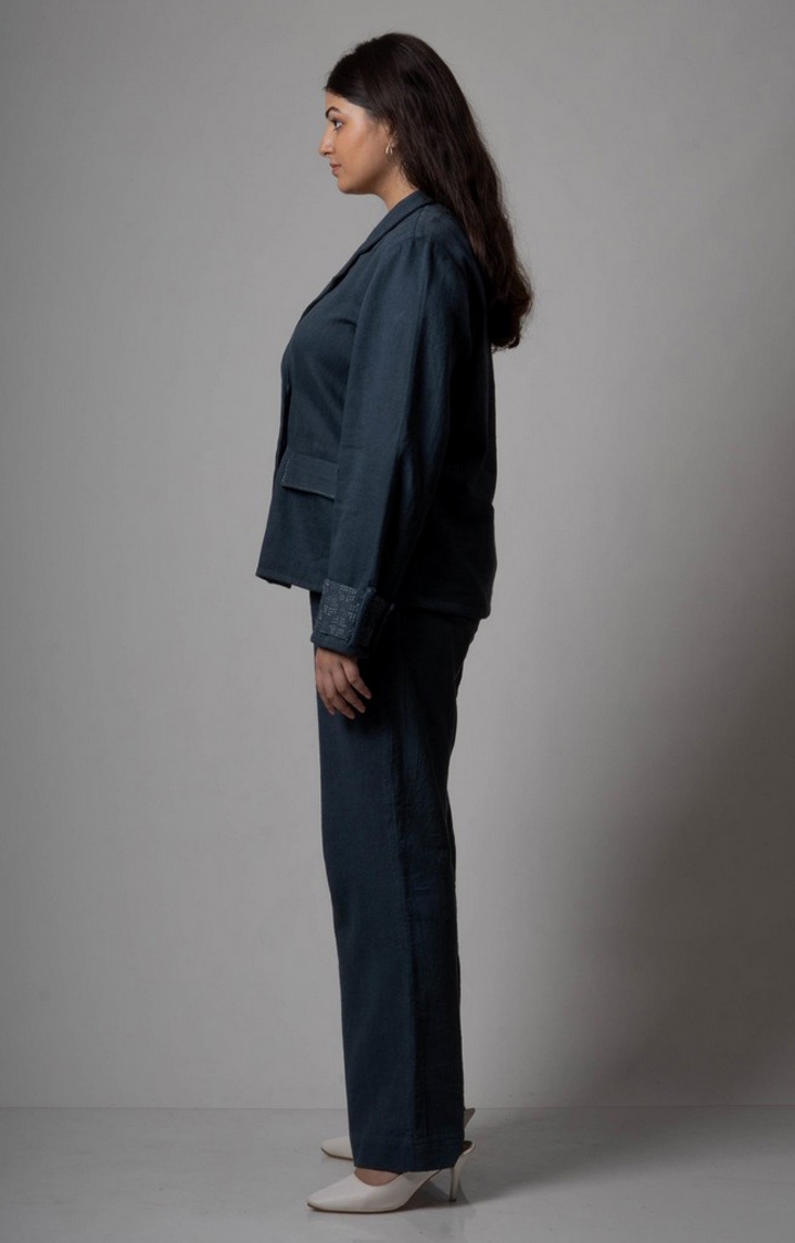 Lafaani | Women's Blue Cotton Solid Front Open Jacket 2