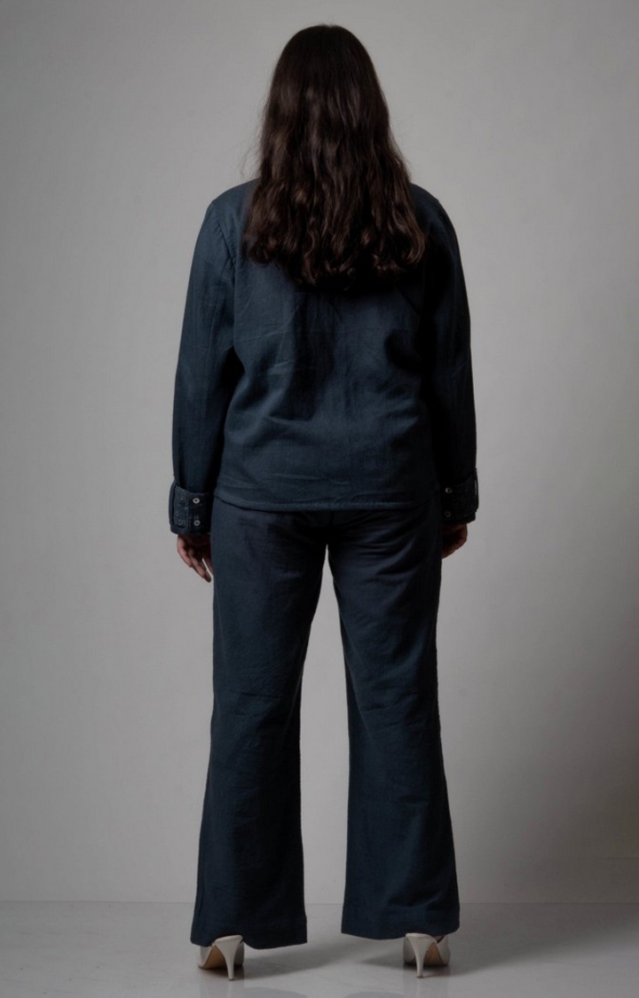 Women's Blue Cotton Solid Front Open Jacket