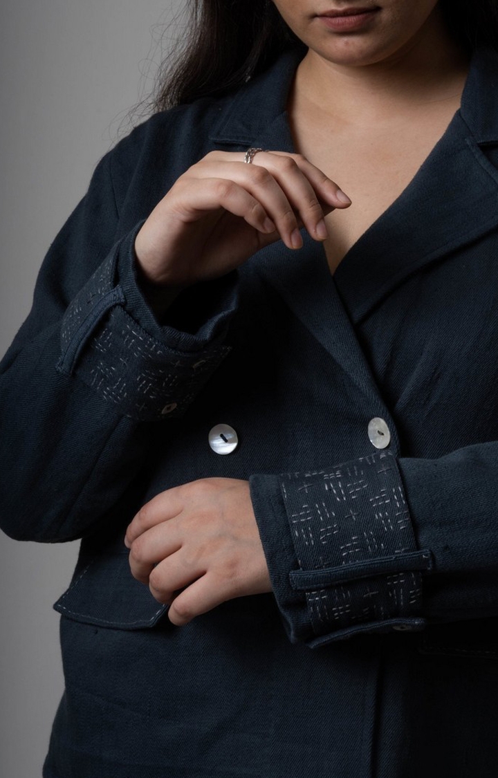 Women's Blue Cotton Solid Front Open Jacket