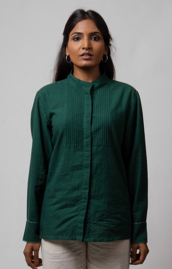 Lafaani | Women's Green Cotton Striped Casual Shirt