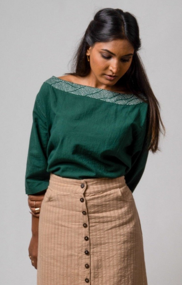Lafaani | Women's Green Cotton Soild Blouson Top