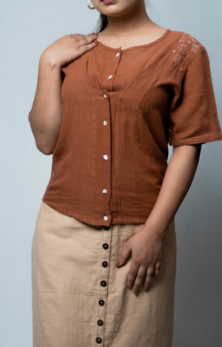 Lafaani | Women's Brown Cotton Soild Blouson Top 4