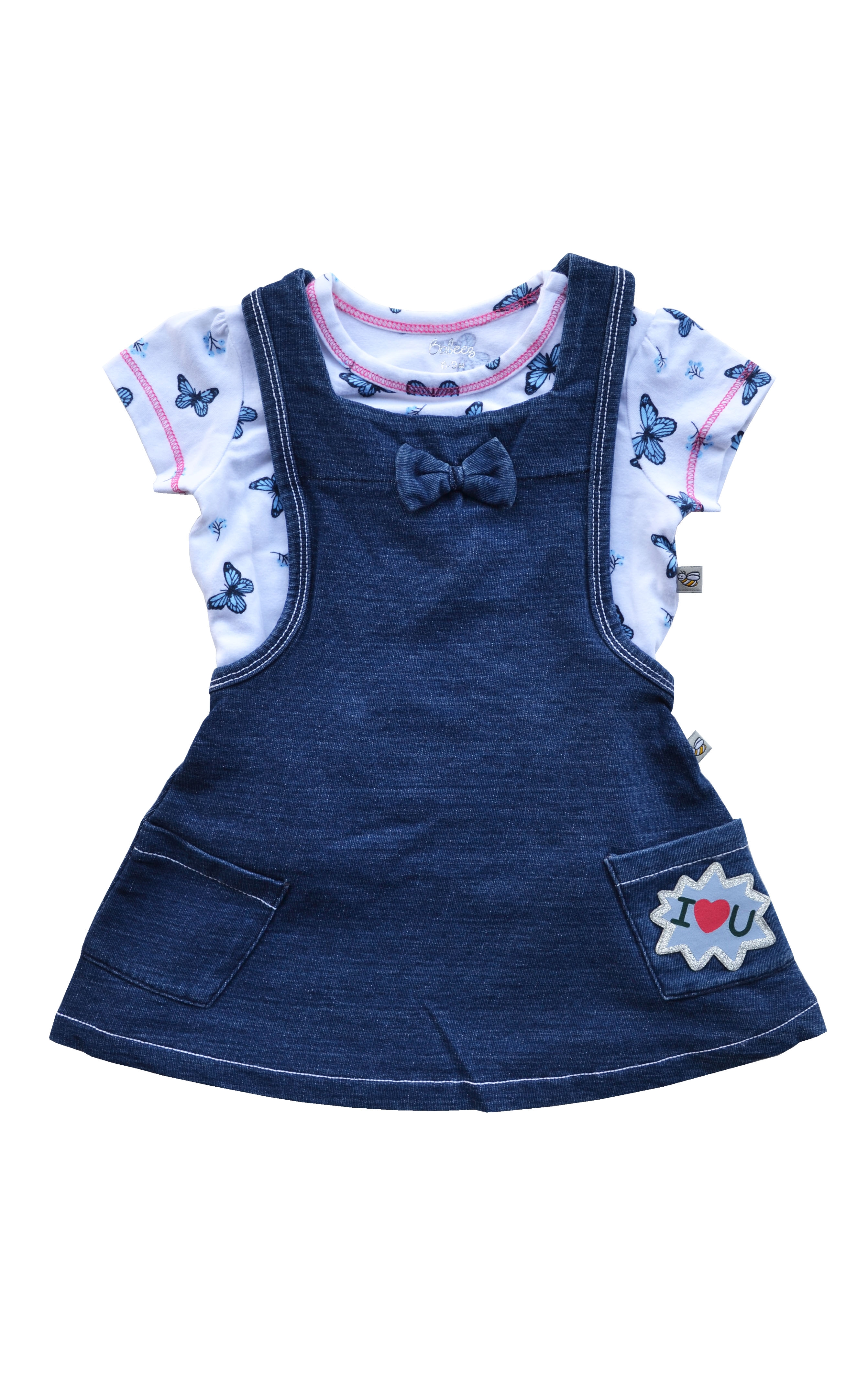 White T-Shirt With Butterfly AOP + Denim Look Pinafore Dress