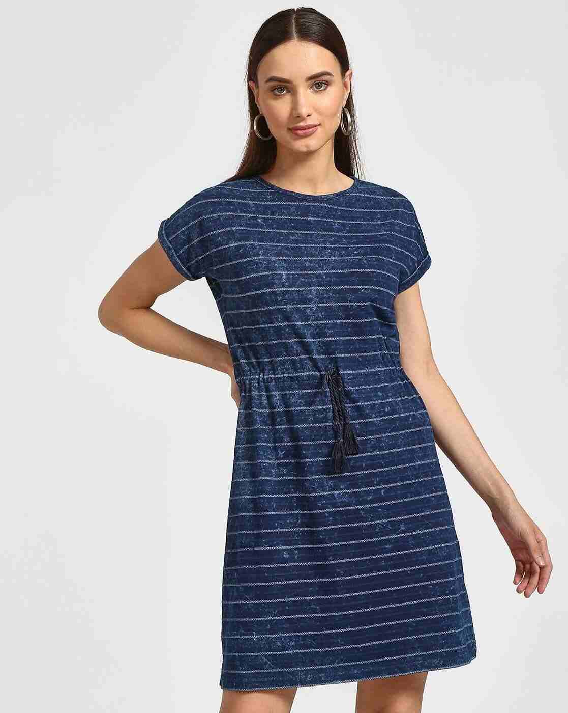 Lee Cooper | Striped A-line Dress with Cinched Waist|0