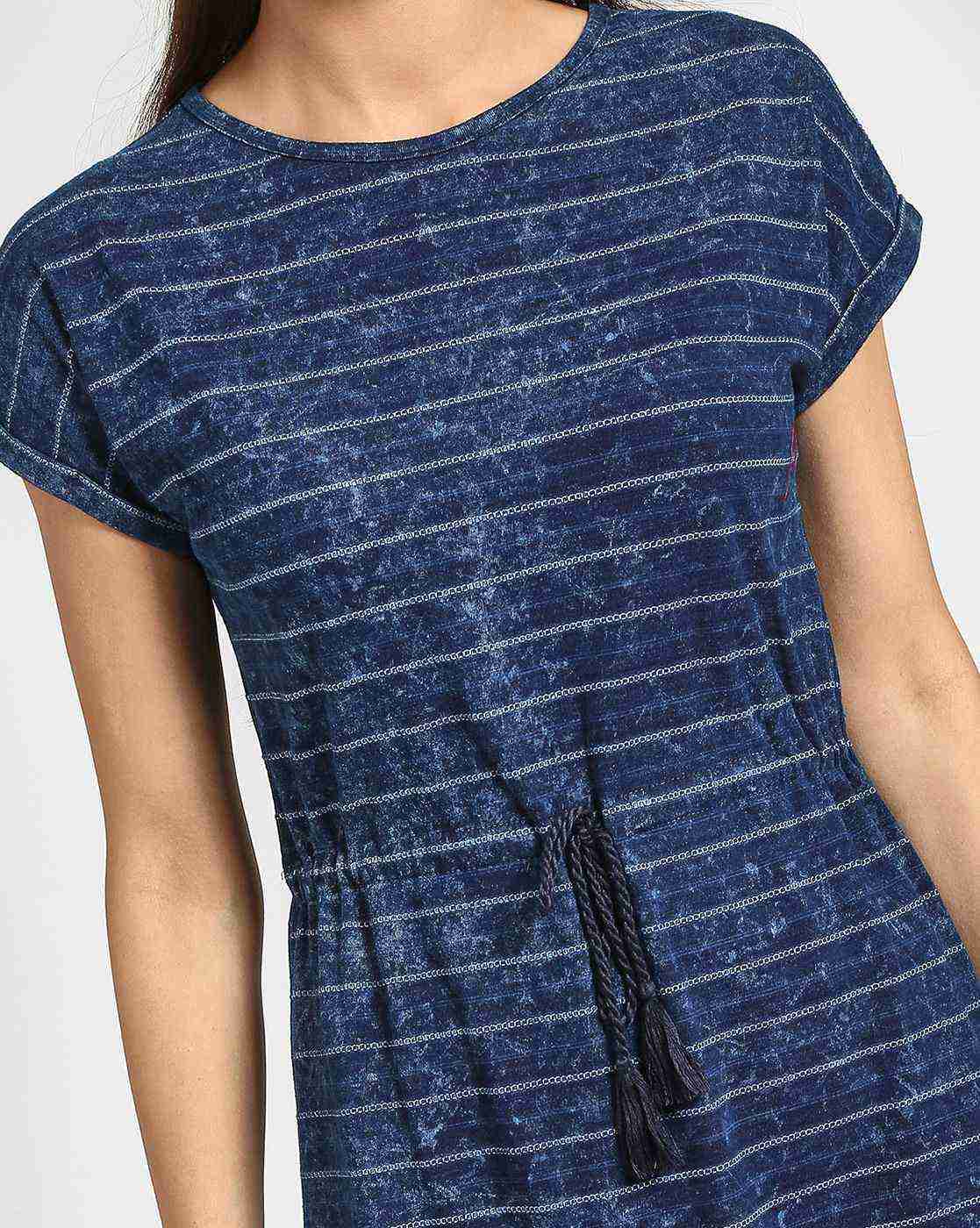Lee Cooper | Striped A-line Dress with Cinched Waist|4