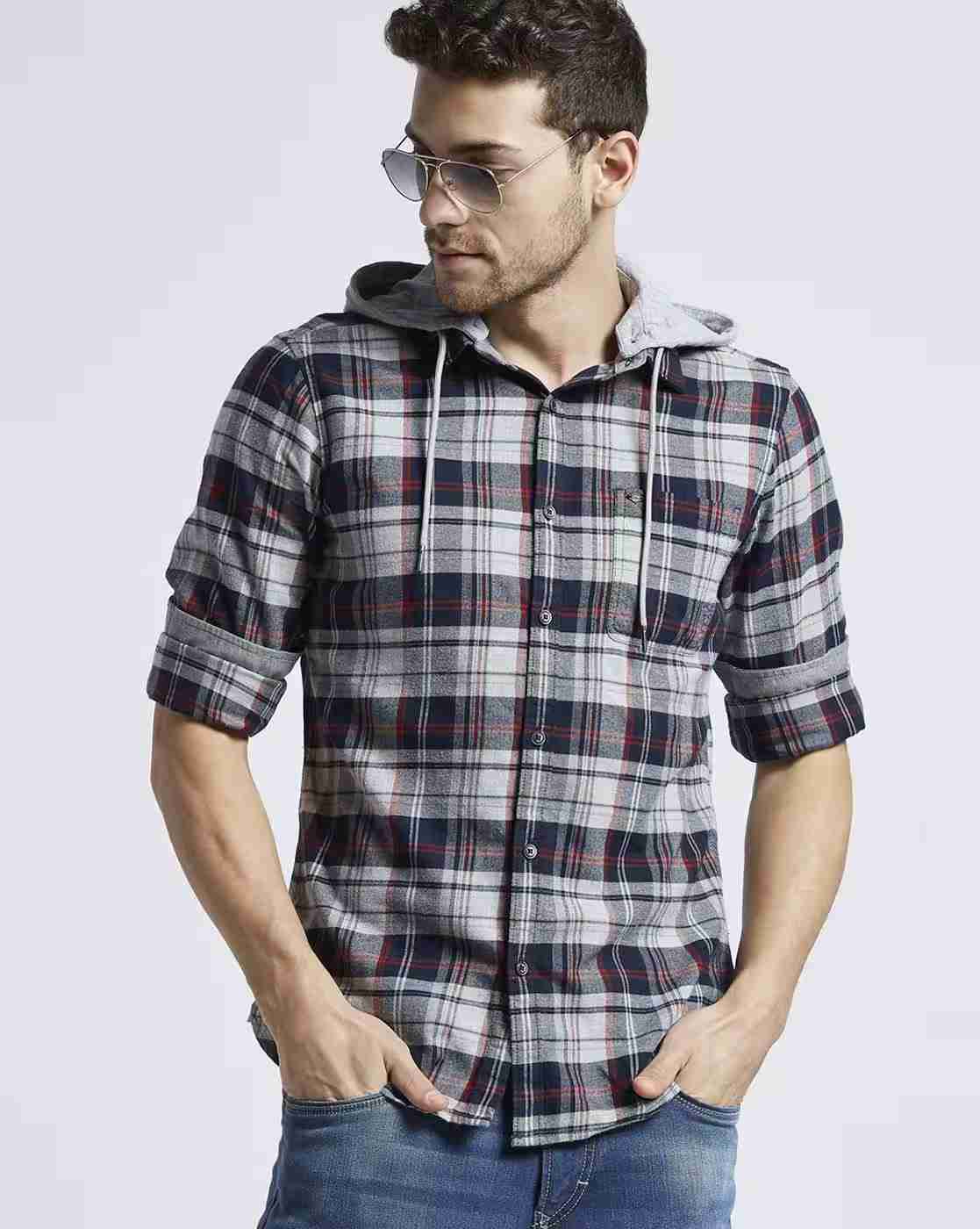Lee Cooper | Checked Hooded Shirt with Patch Pocket|0