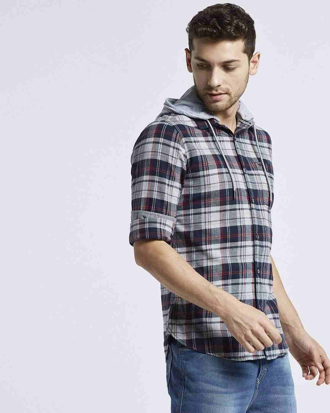 Lee Cooper | Checked Hooded Shirt with Patch Pocket|2