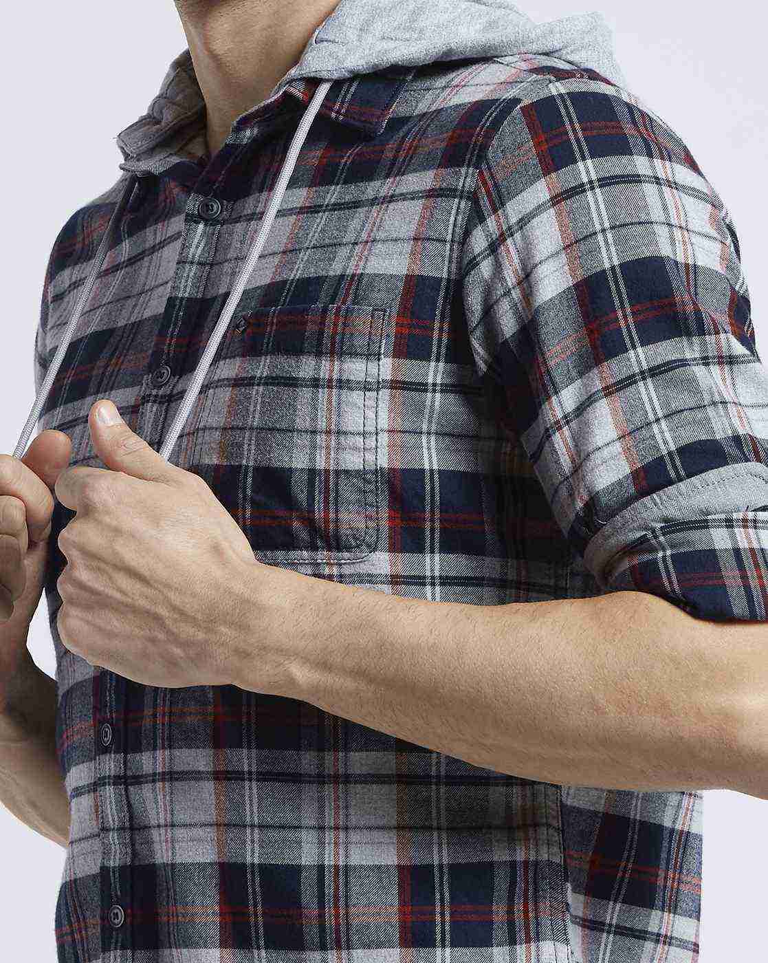 Lee Cooper | Checked Hooded Shirt with Patch Pocket|6