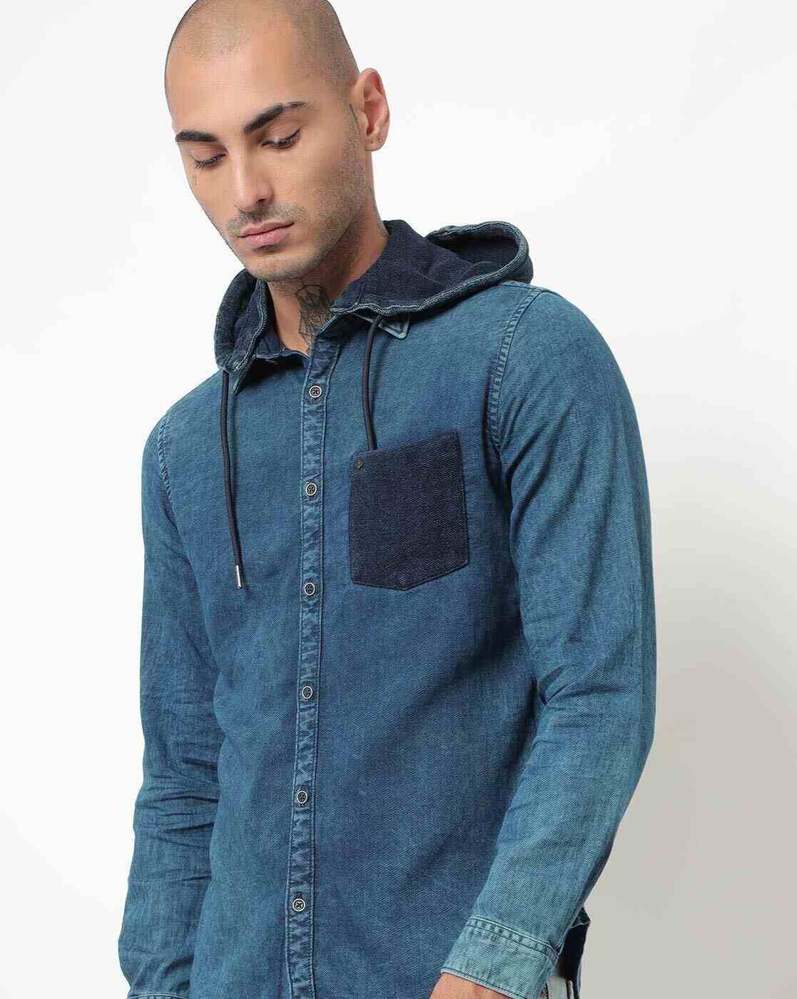 Lee Cooper | Washed Denim Shirt with Hood|0