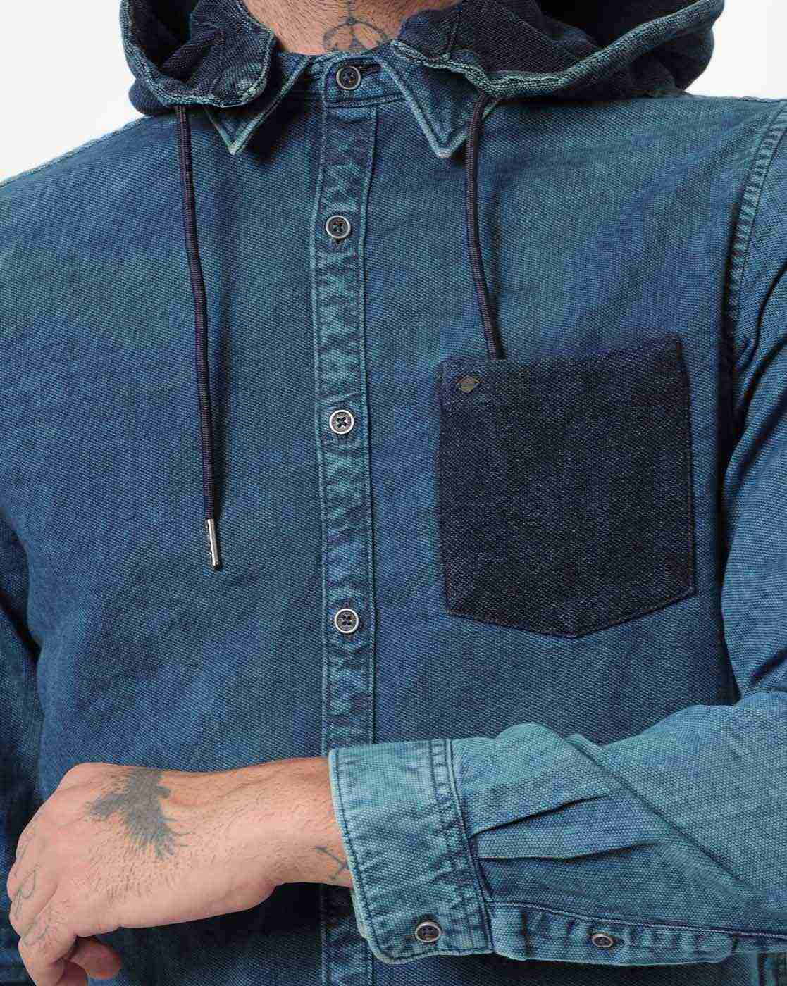 Lee Cooper | Washed Denim Shirt with Hood|3