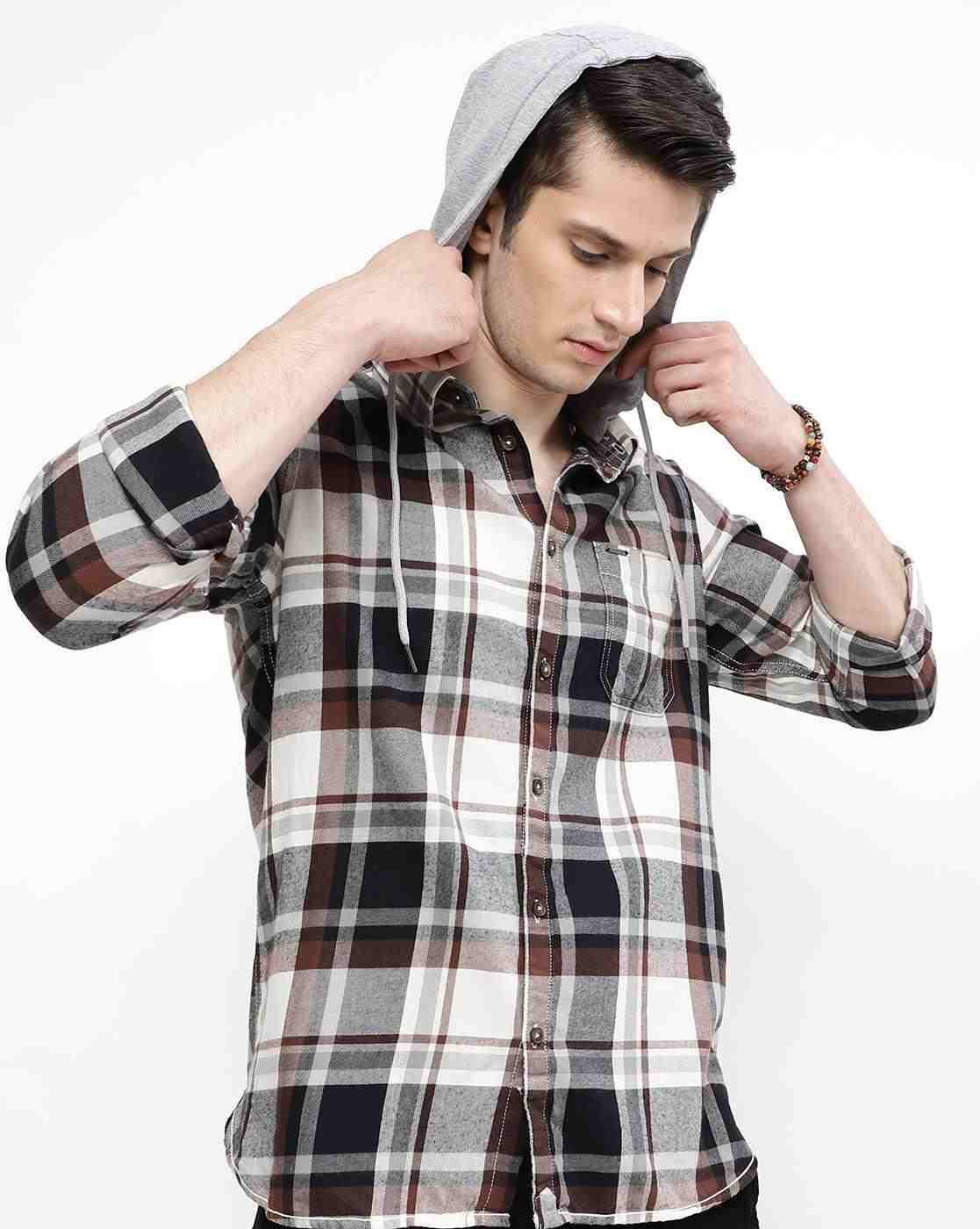 Lee Cooper | Checked Hooded Shirt with Patch Pocket|0