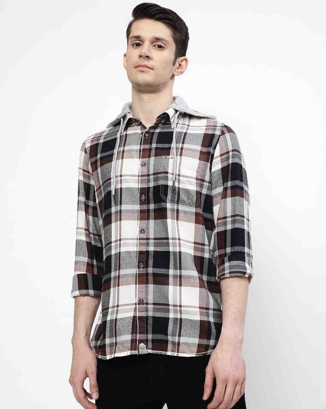 Lee Cooper | Checked Hooded Shirt with Patch Pocket|1