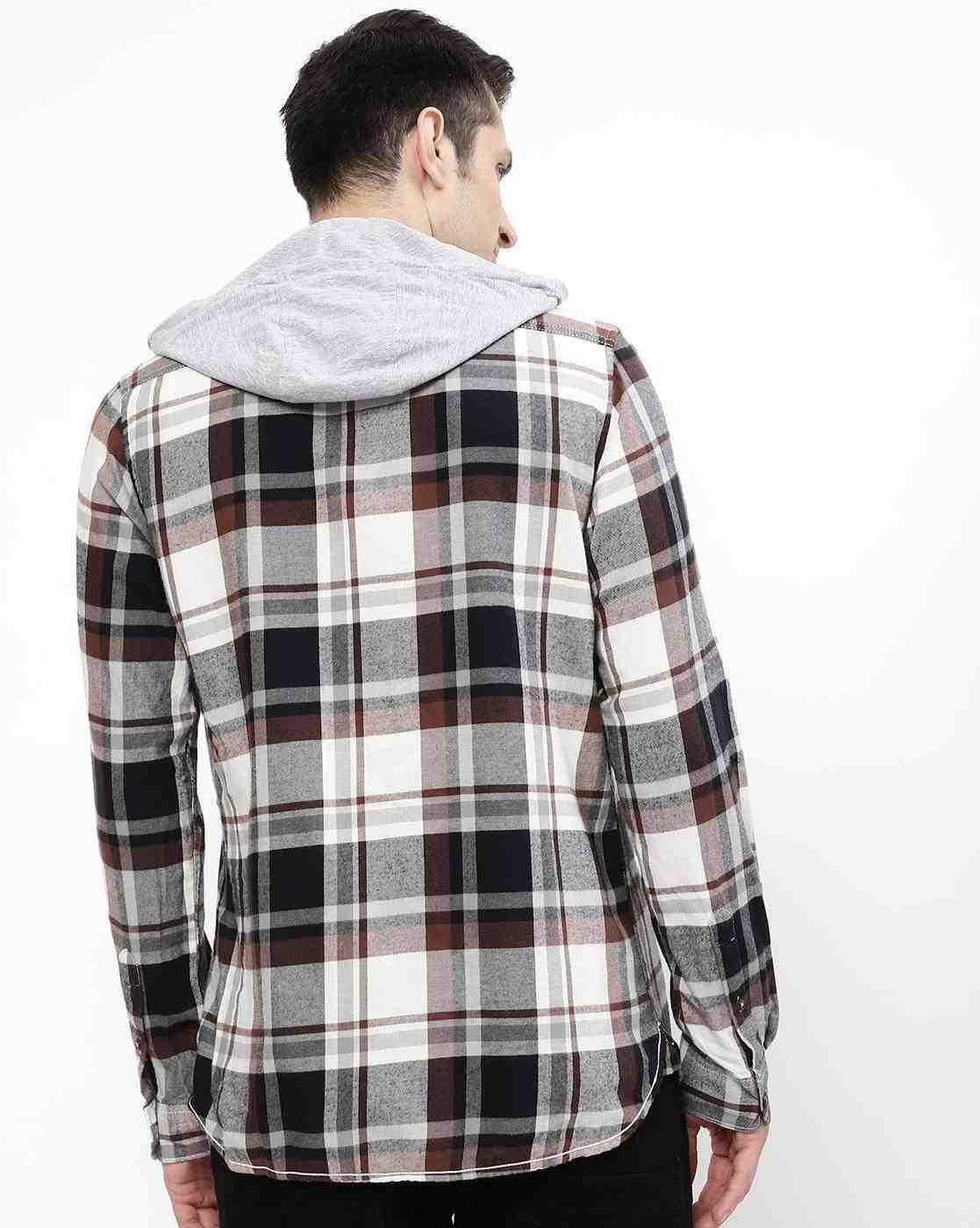 Lee Cooper | Checked Hooded Shirt with Patch Pocket|2