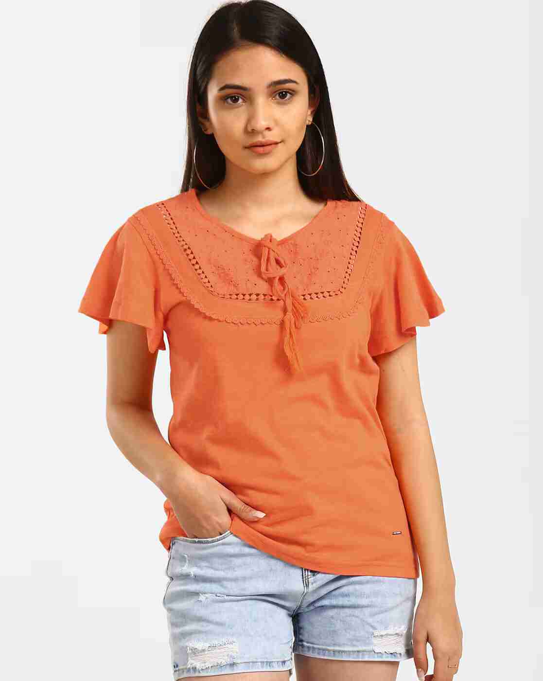 Lee Cooper | Crotchet Embroidered Top with Tie-Up Neckline|0