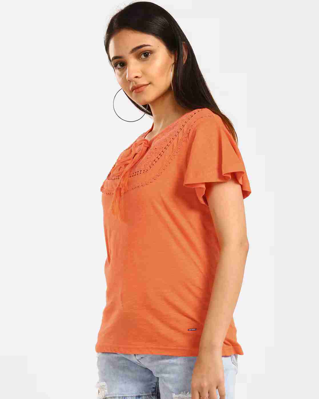 Lee Cooper | Crotchet Embroidered Top with Tie-Up Neckline|1