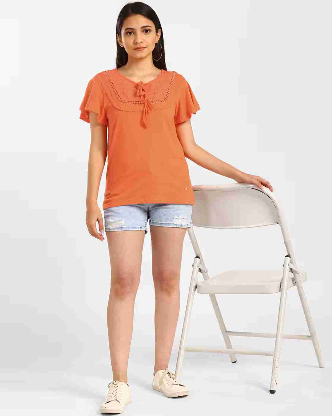 Lee Cooper | Crotchet Embroidered Top with Tie-Up Neckline|3