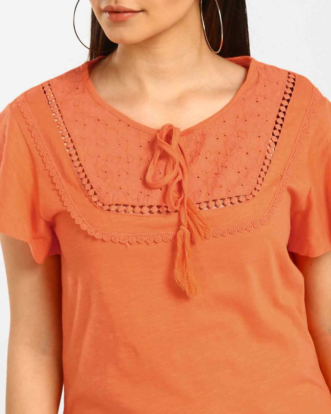 Lee Cooper | Crotchet Embroidered Top with Tie-Up Neckline|4