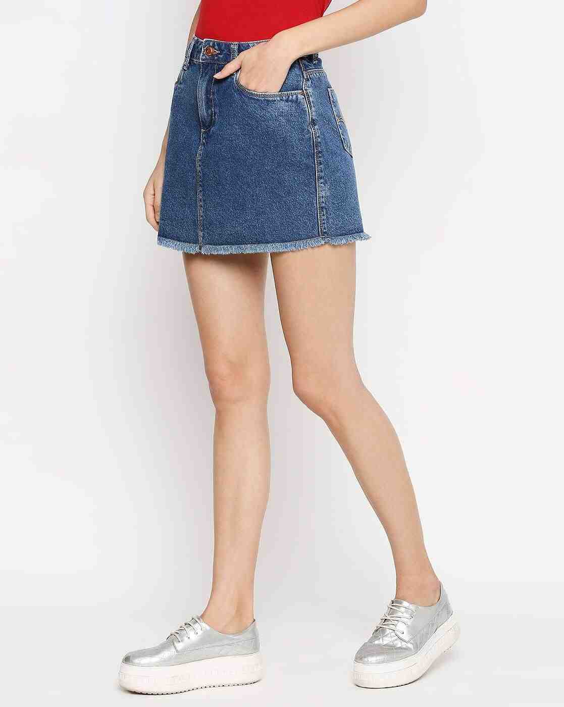 Lee Cooper | Denim Straight Skirt with Frayed Hem|1