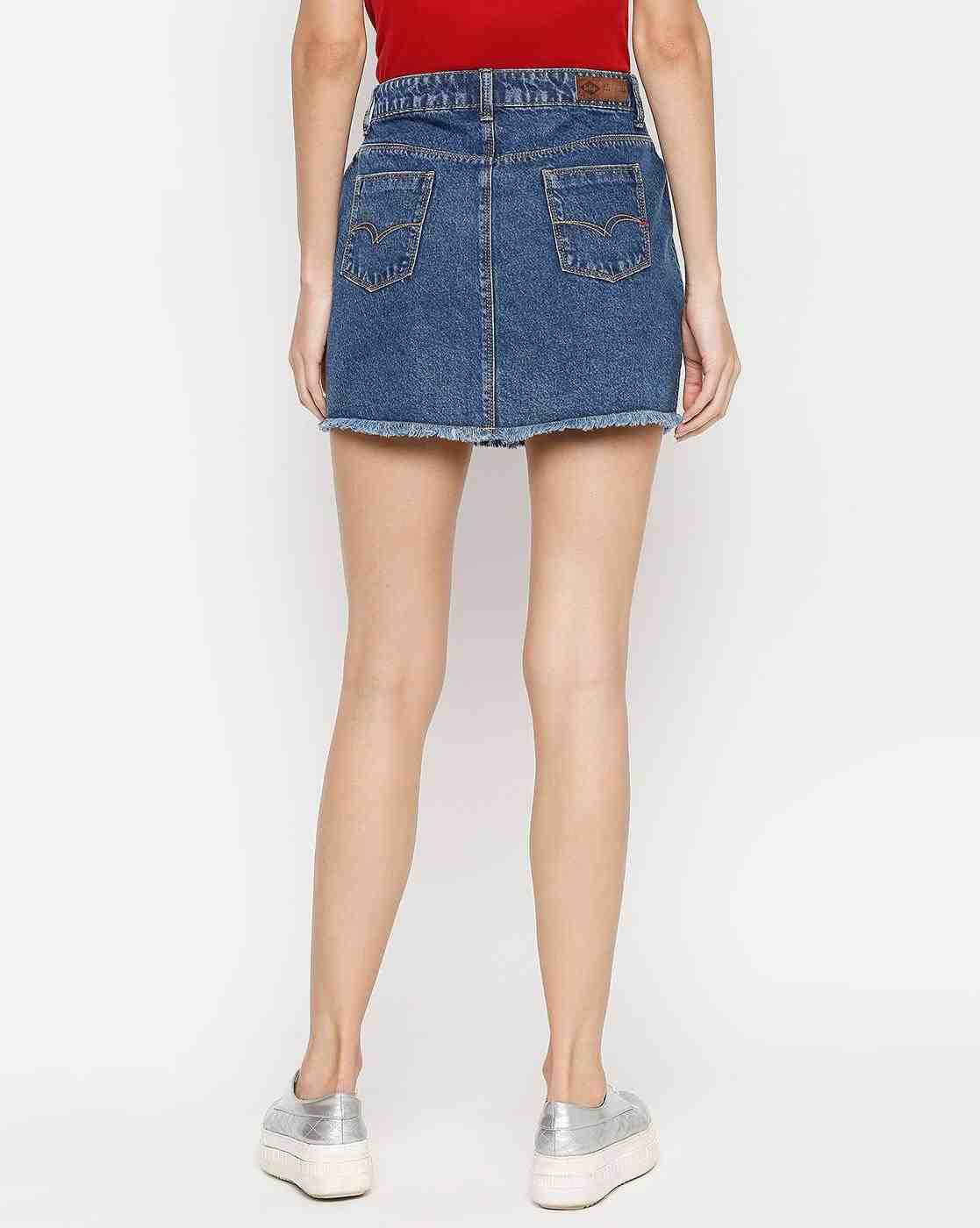 Lee Cooper | Denim Straight Skirt with Frayed Hem|2