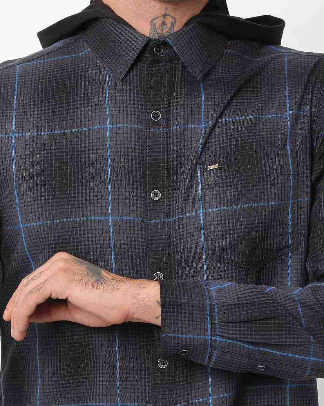 Lee Cooper | Checked Hooded Shirt with Patch Pocket|2