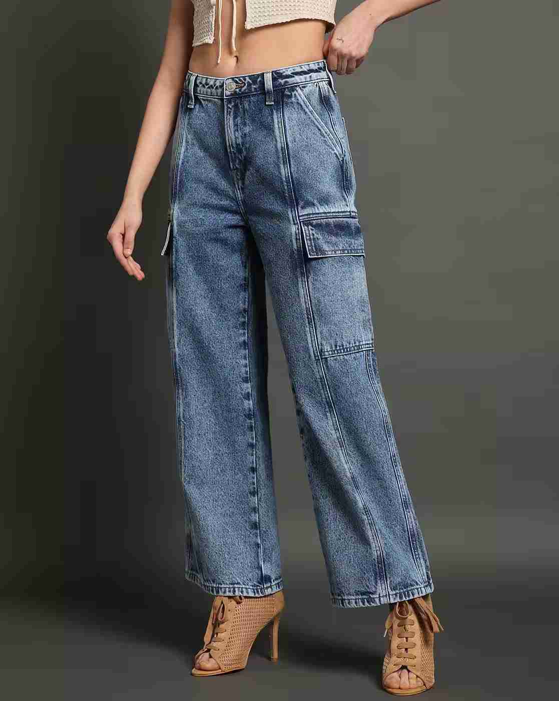 Lee Cooper | Women Heavily Washed Relaxed Fit Cargo Jeans|1