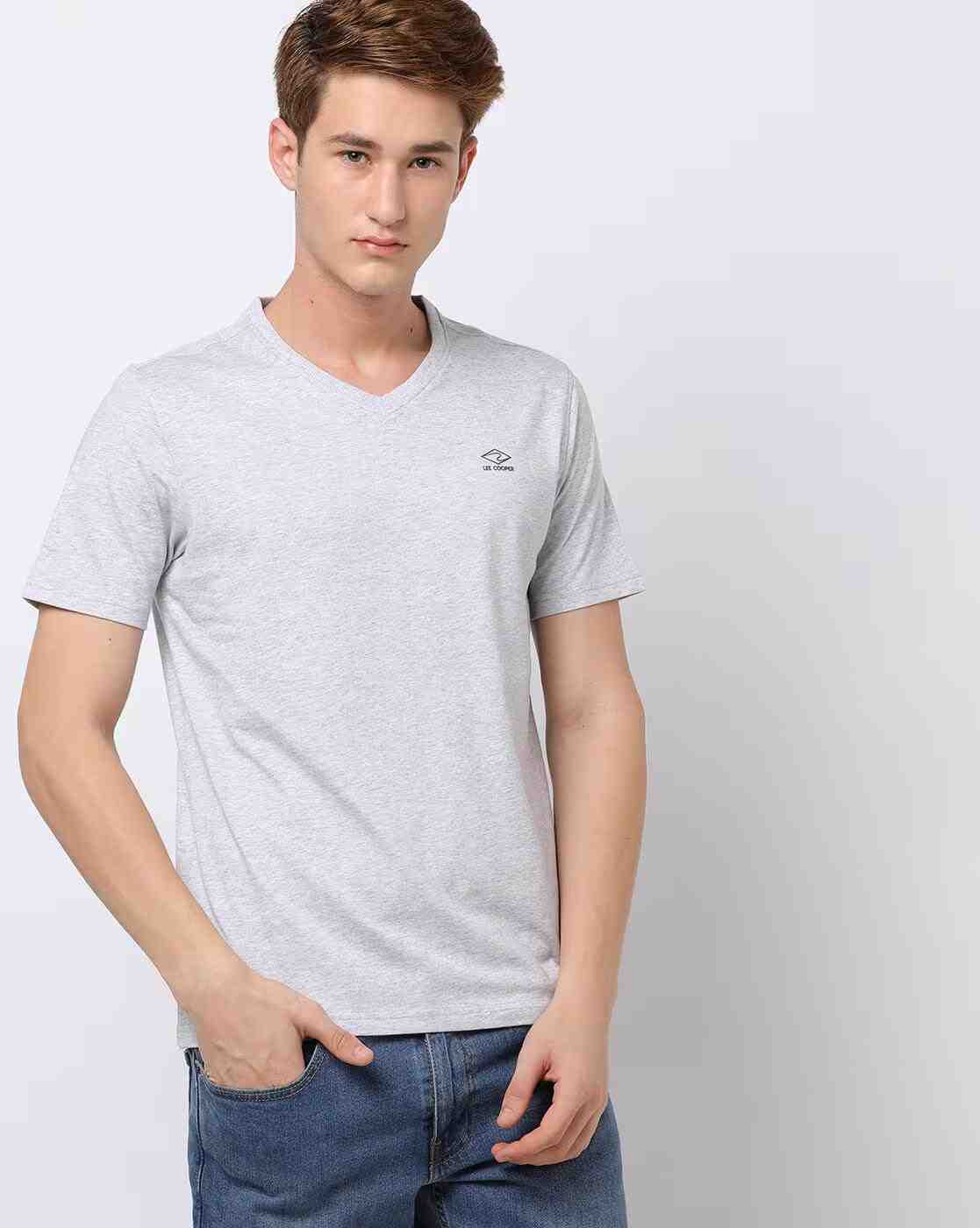 Regular Fit Heathered V-Neck T-Shirt with Logo
