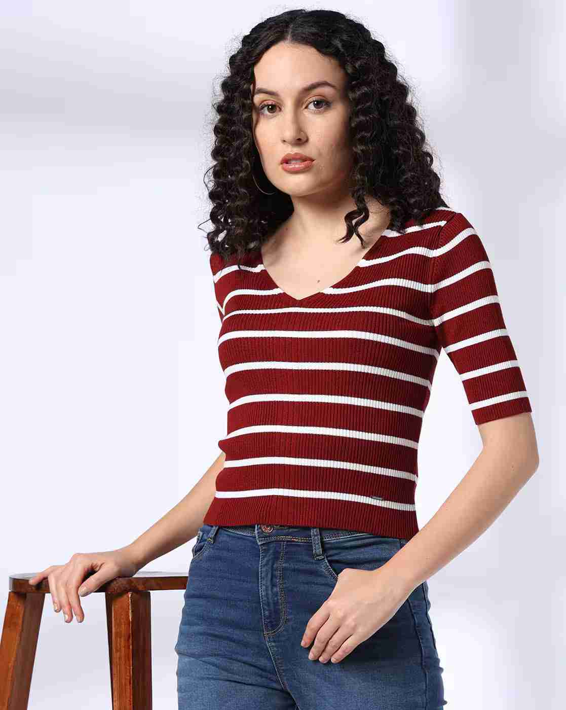 Lee Cooper | Women Striped Fitted V-Neck T-Shirt|0